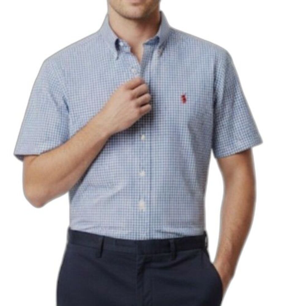 Ralph Lauren Blake Navy Blue White Small Gingham Check SS Button Down Shirt Sz M